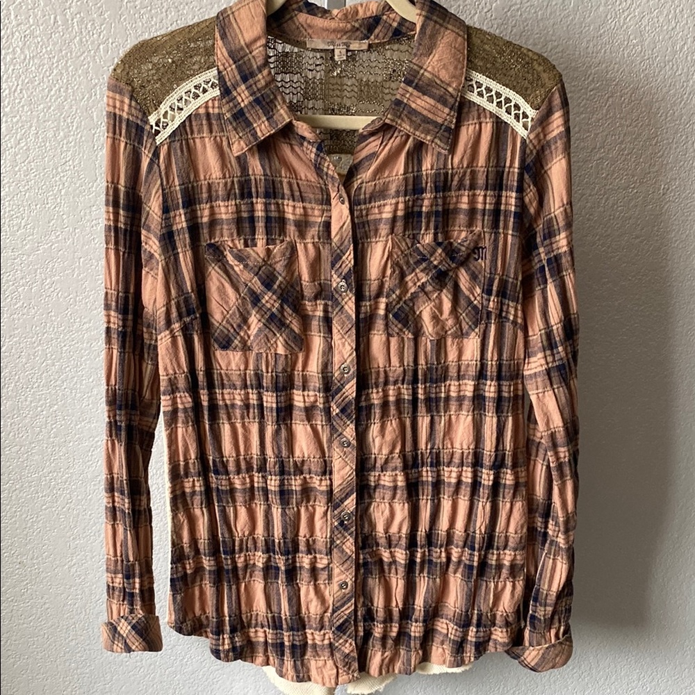 Miss Me Plaid Button Down Women's shirt long sleeve size Large